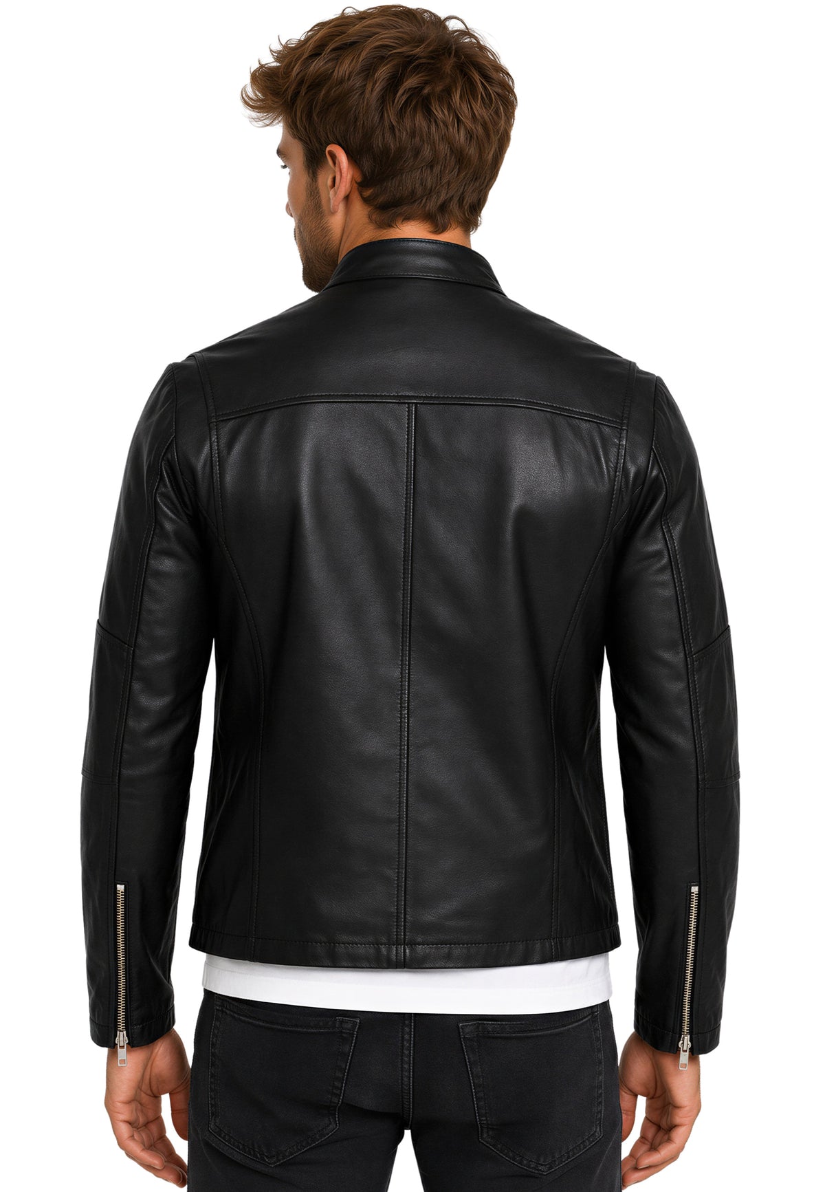 Herren Slim Fit Echtlederjacke Silver Zipper in Black – Reichstadt – Ansicht 2