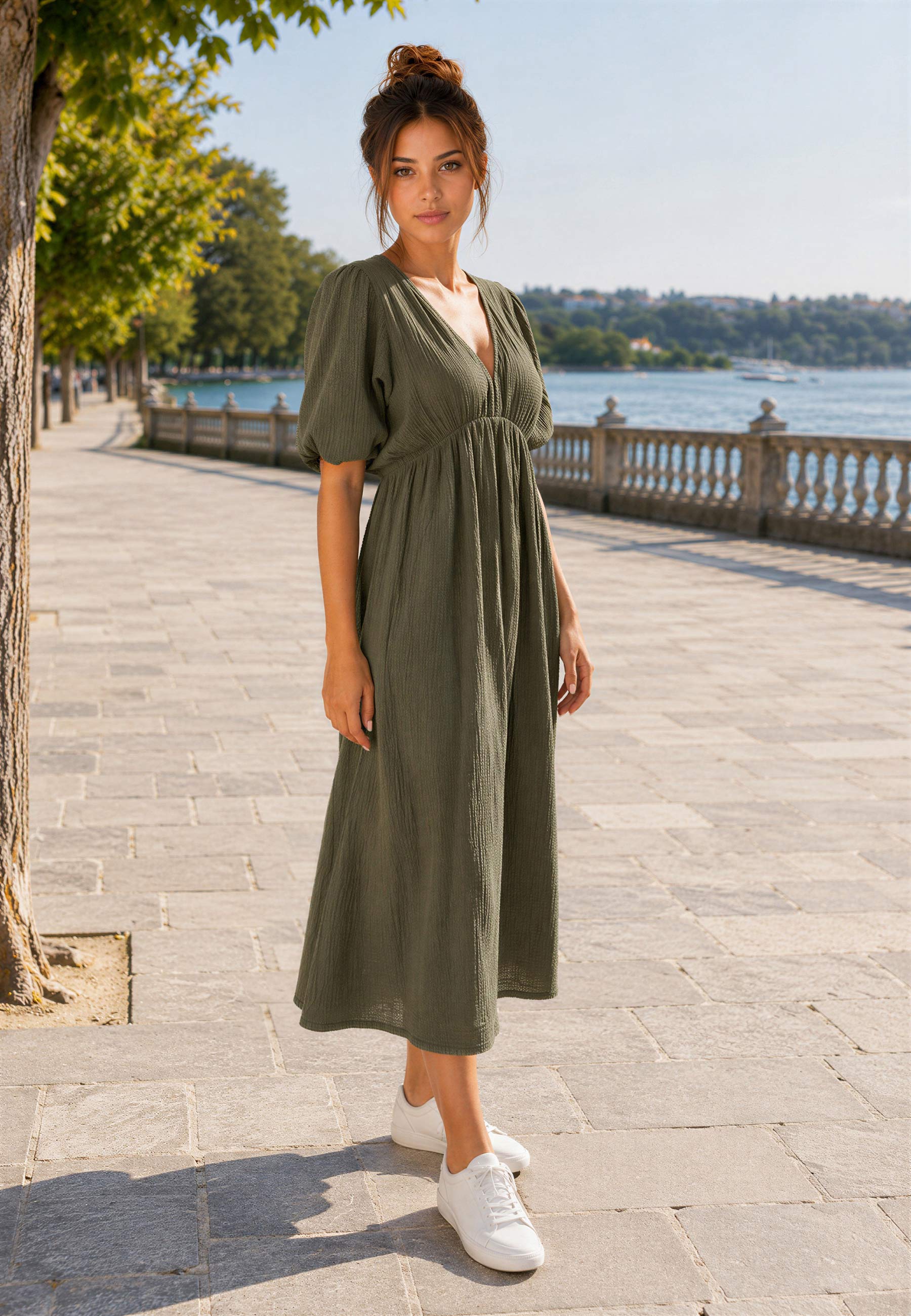 Damen Relaxed Fit Sommerkleid Musselin 25RSW077 - Khaki