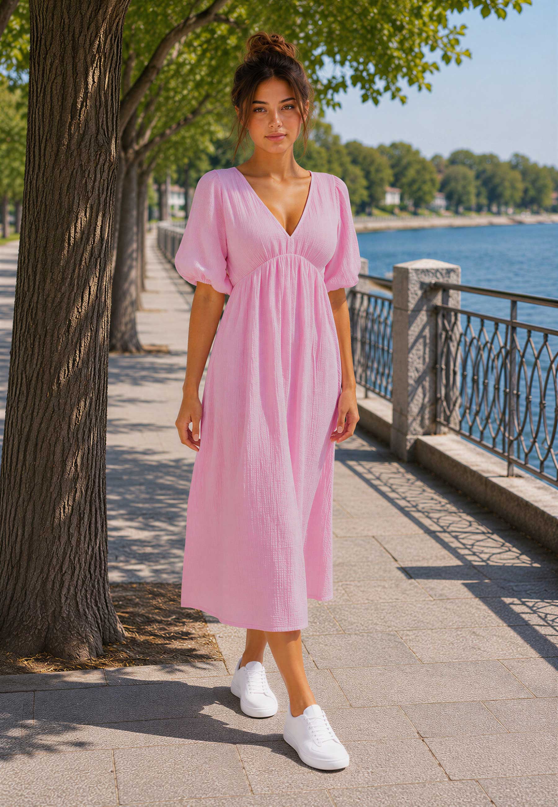 Damen Relaxed Fit Sommerkleid Musselin 25RSW077 - Pink