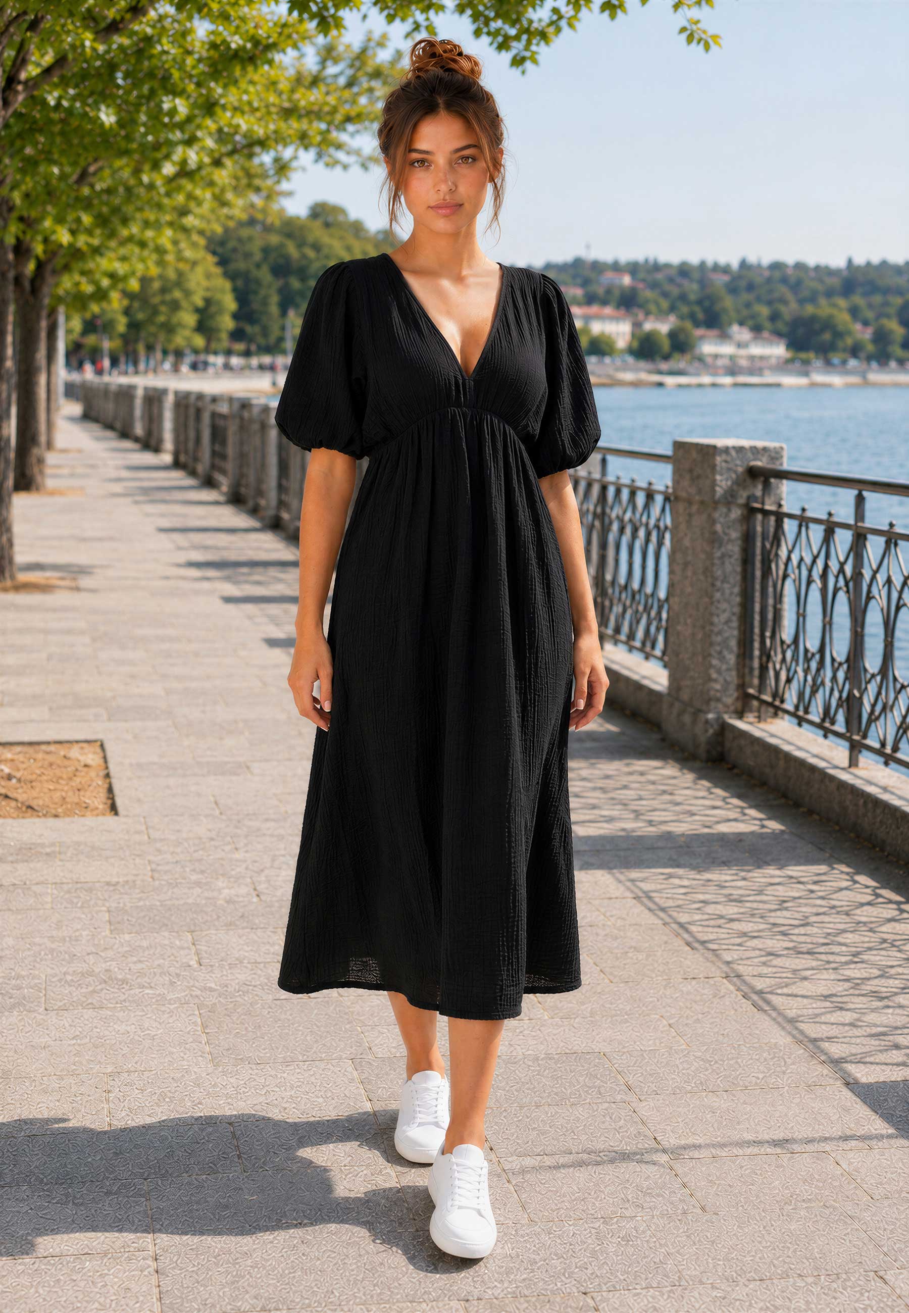 Damen Relaxed Fit Sommerkleid Musselin 25RSW077 - Black