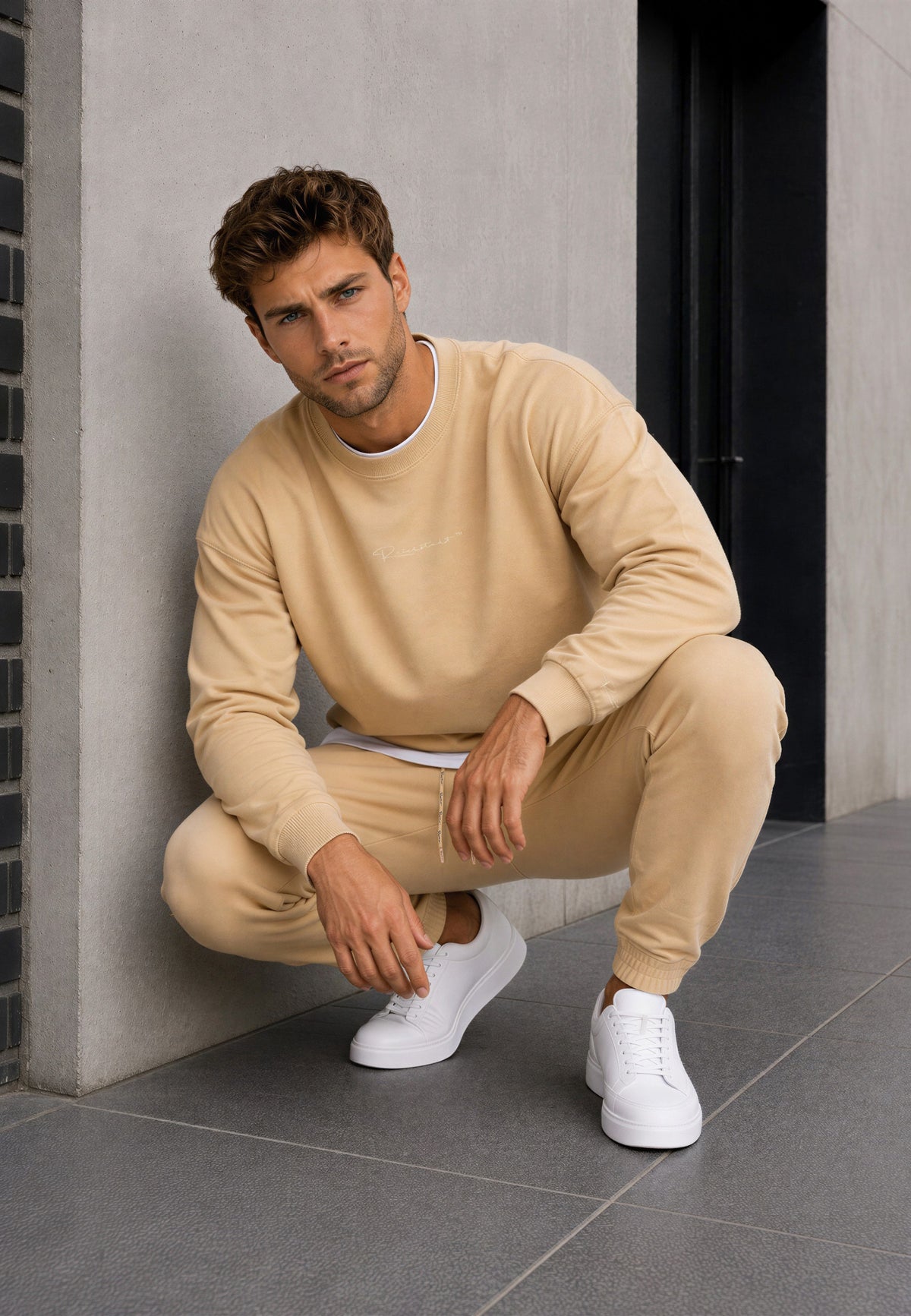 Herren Regular Fit Pullover Logo-Stitching in Beige – Reichstadt – Ansicht 3