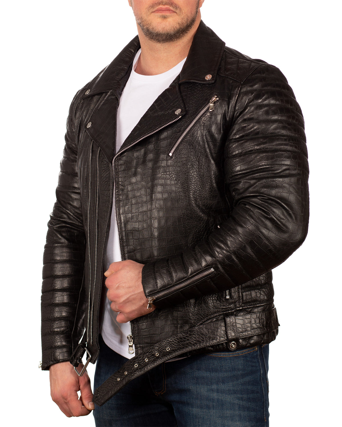 Herren Slim Fit Echtleder Jacke Crocodile Silver Zipper in Black – Reichstadt – Ansicht 4
