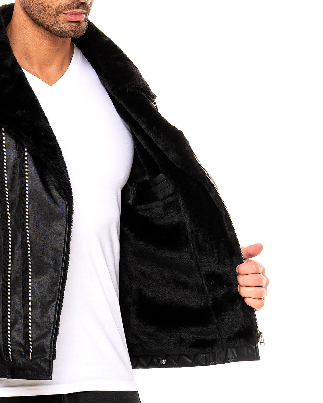 Herren Slim Fit Kunstlederjacke Silver Zipper in Black – Reichstadt – Ansicht 6