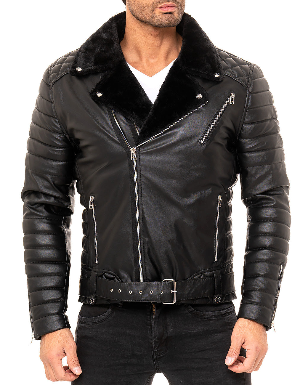 Herren Slim Fit Kunstlederjacke Silver Zipper in Black – Reichstadt – Ansicht 7