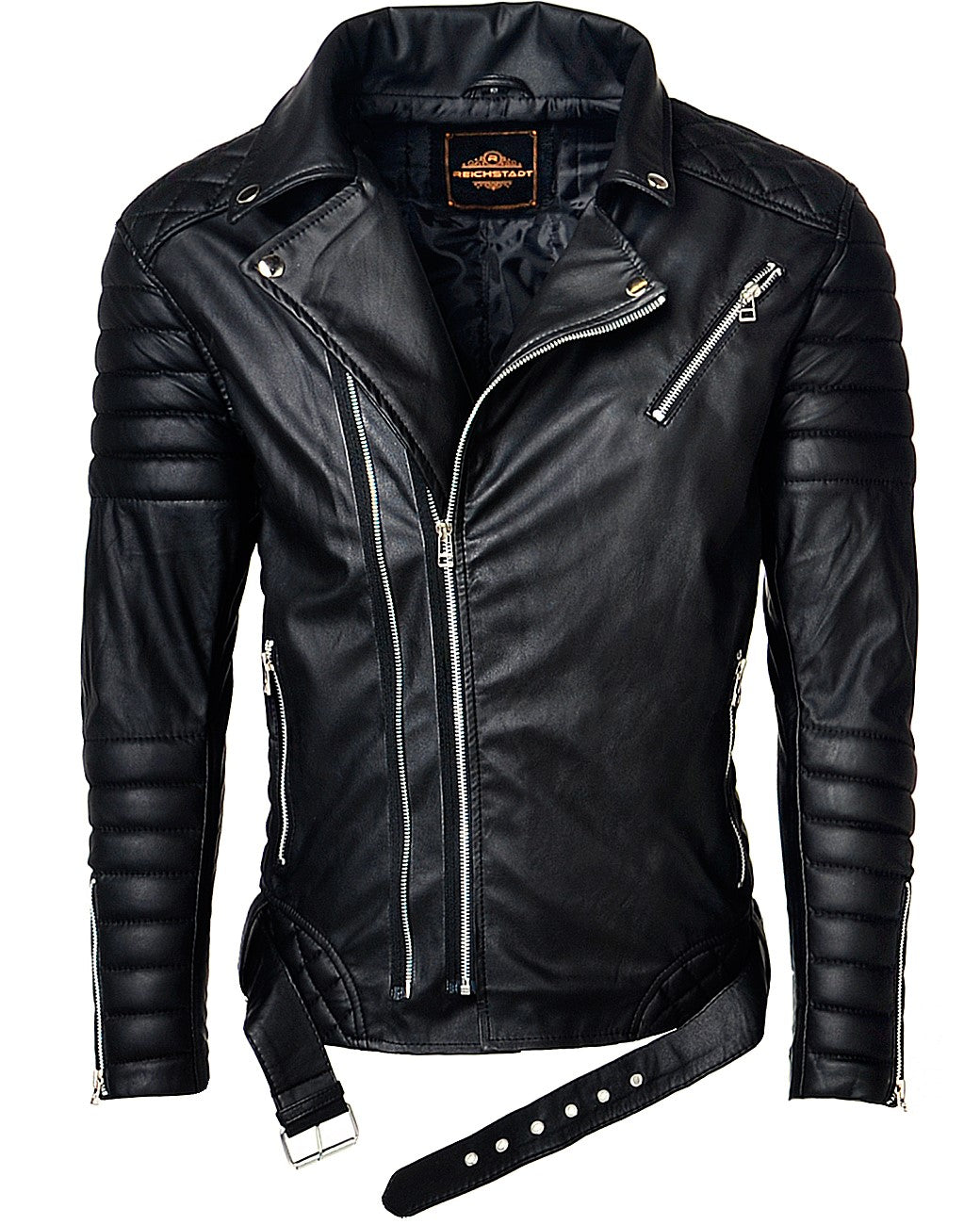 Herren Slim Fit Kunstleder Jacke Silver Zipper in Black PU – Reichstadt – Ansicht 7