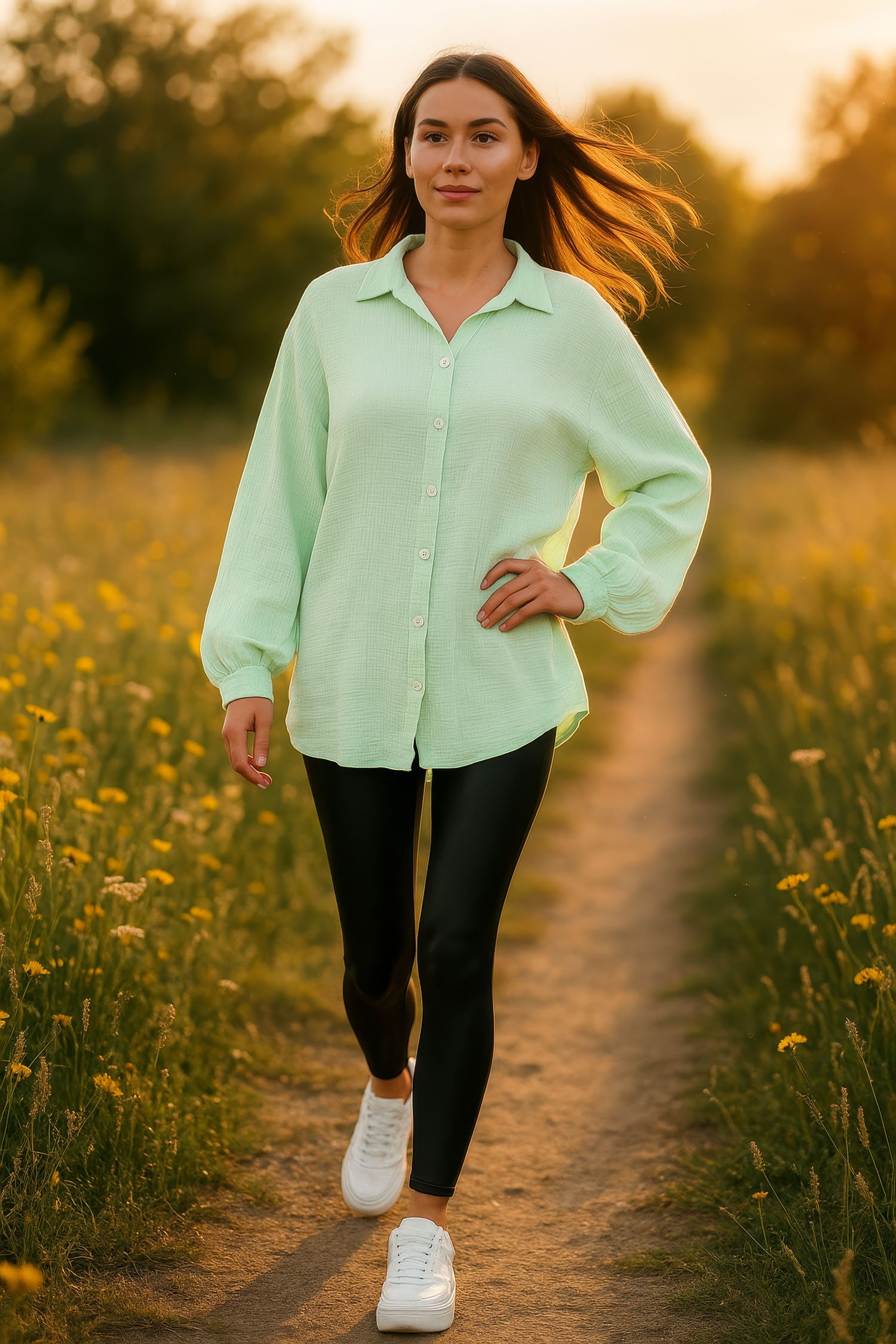 Damen Relaxed Fit Bluse Musselin 25RSW080 - Mint