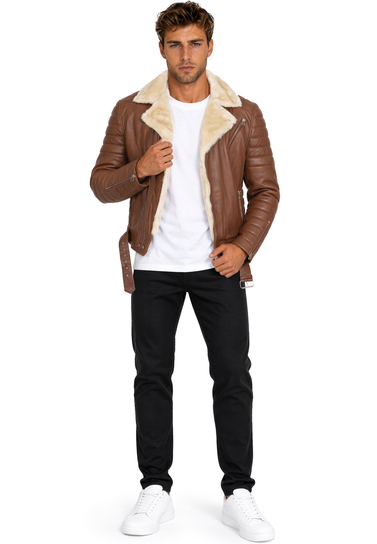 Herren Slim Fit Echtlederjacke Black Zipper RS008LUX - Cognac