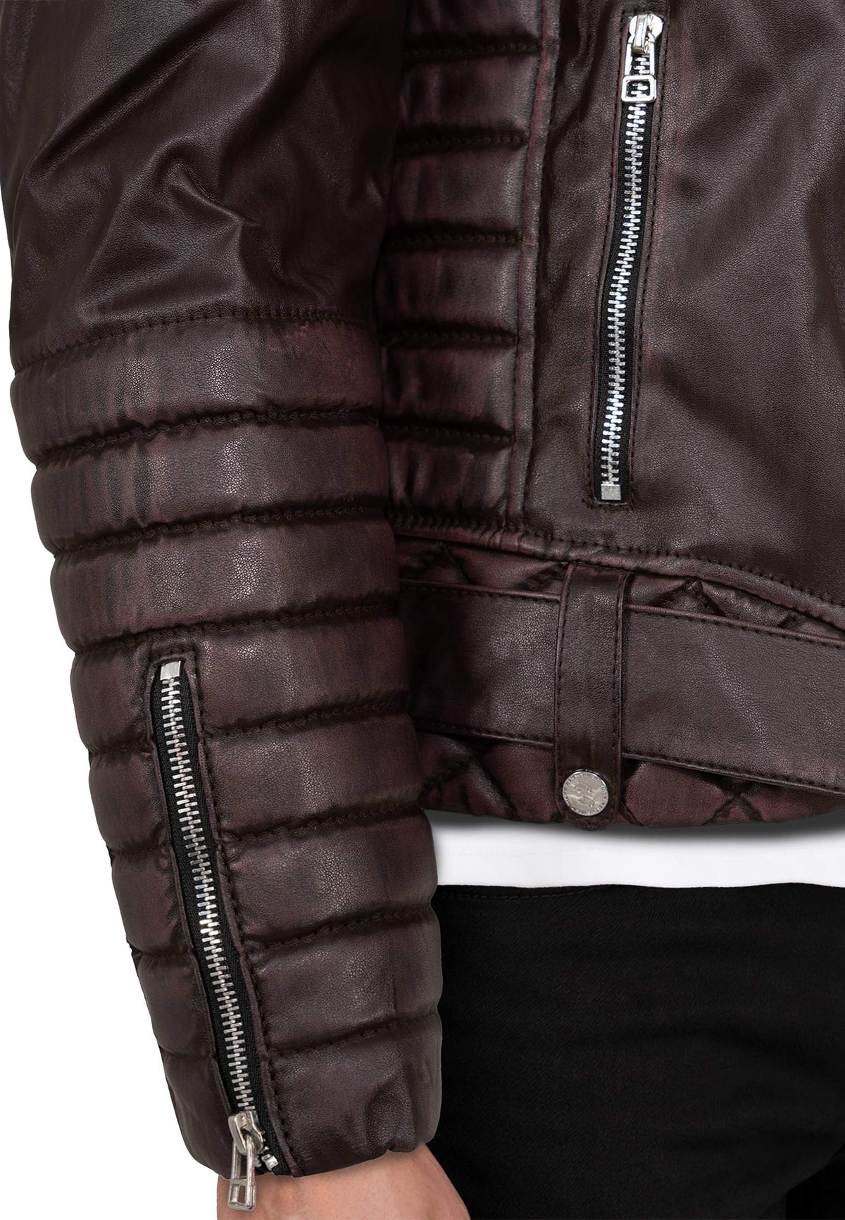 Herren Slim Fit Kunstlederjacke Silver Zipper in Brown – Reichstadt – Ansicht 10