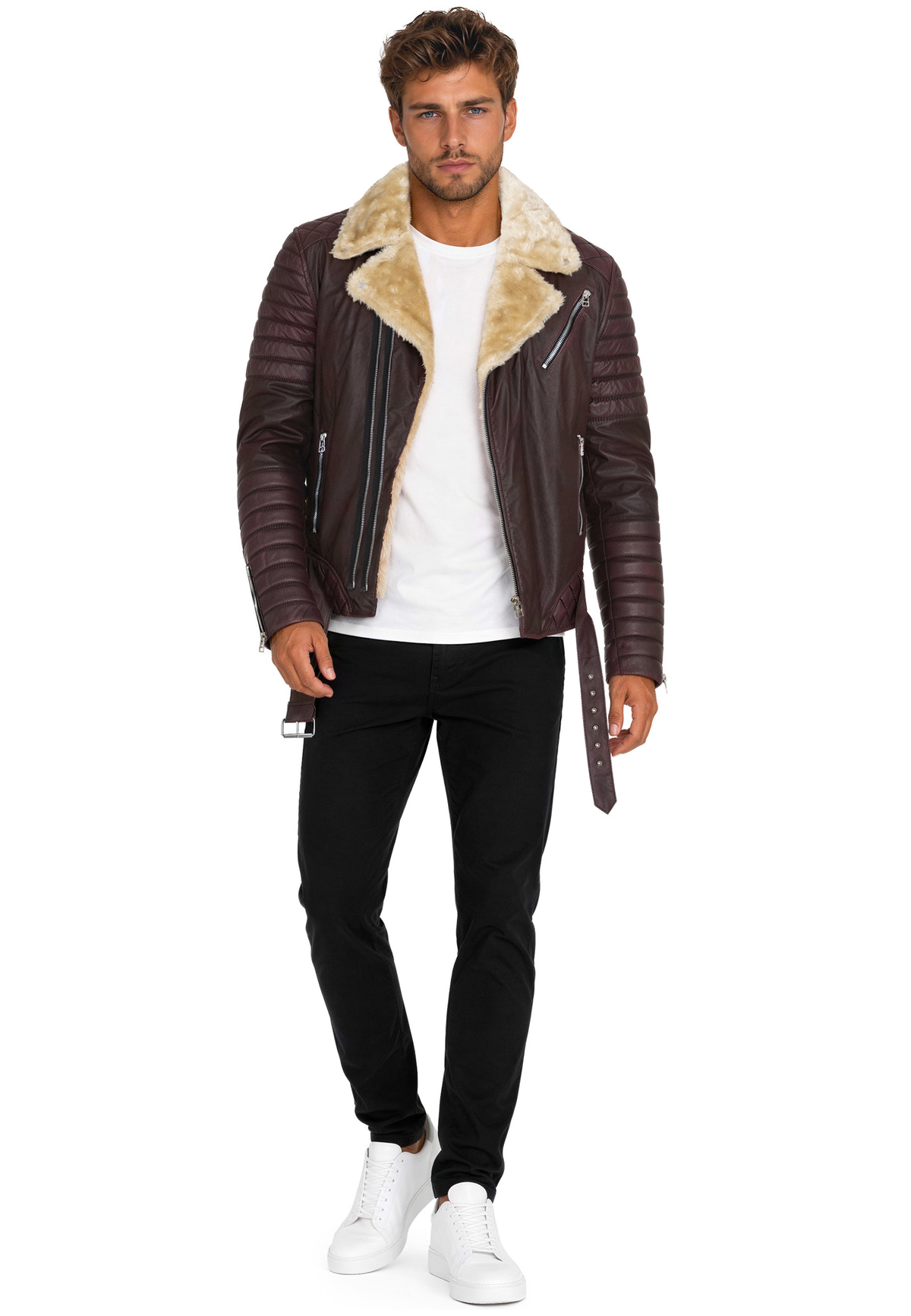 Herren Slim Fit Kunstlederjacke Silver Zipper in Brown – Reichstadt – Ansicht 11
