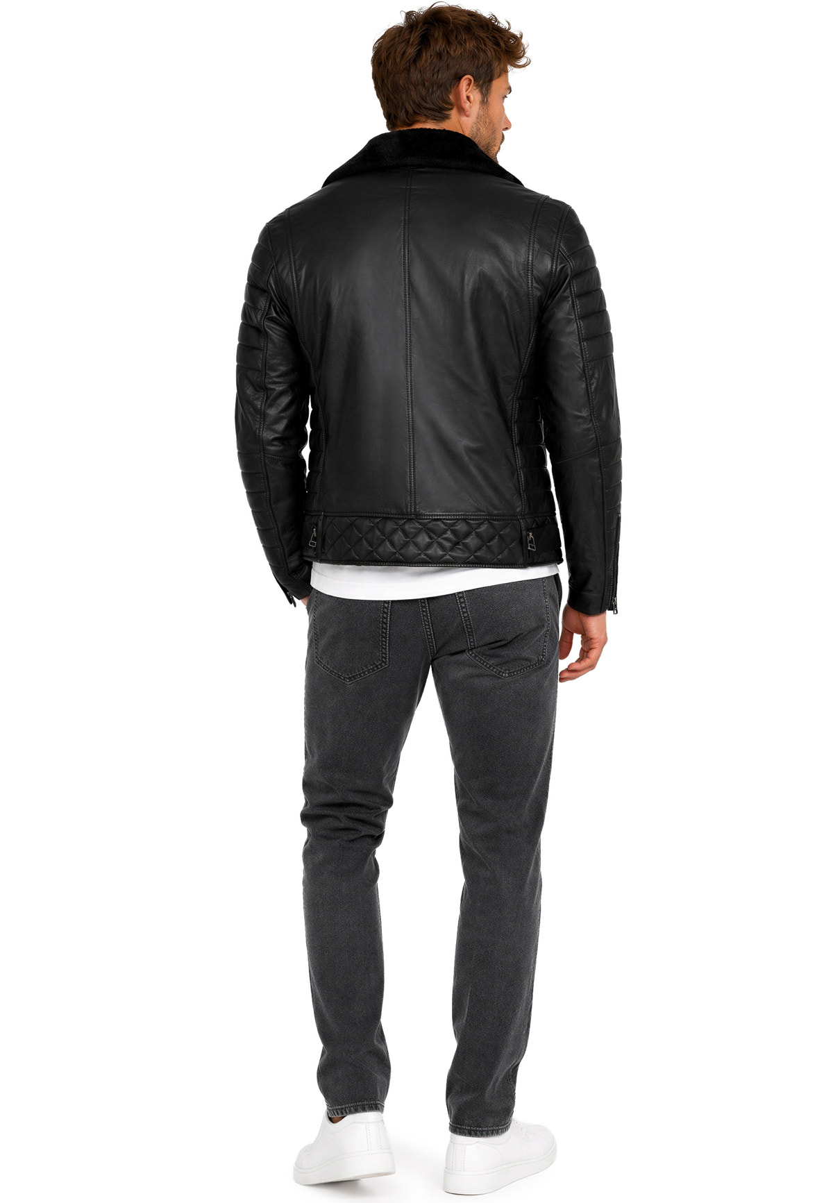 Herren Slim Fit Kunstlederjacke Black Zipper in Black – Reichstadt – Ansicht 11
