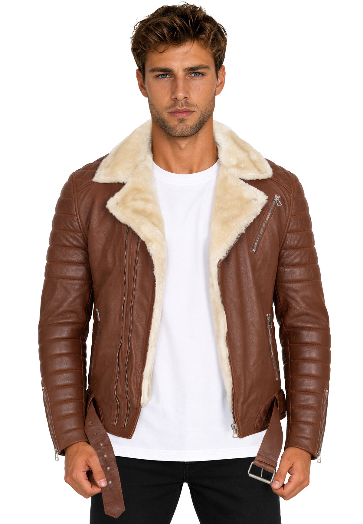 Herren Slim Fit Echtlederjacke Black Zipper RS008LUX - Cognac