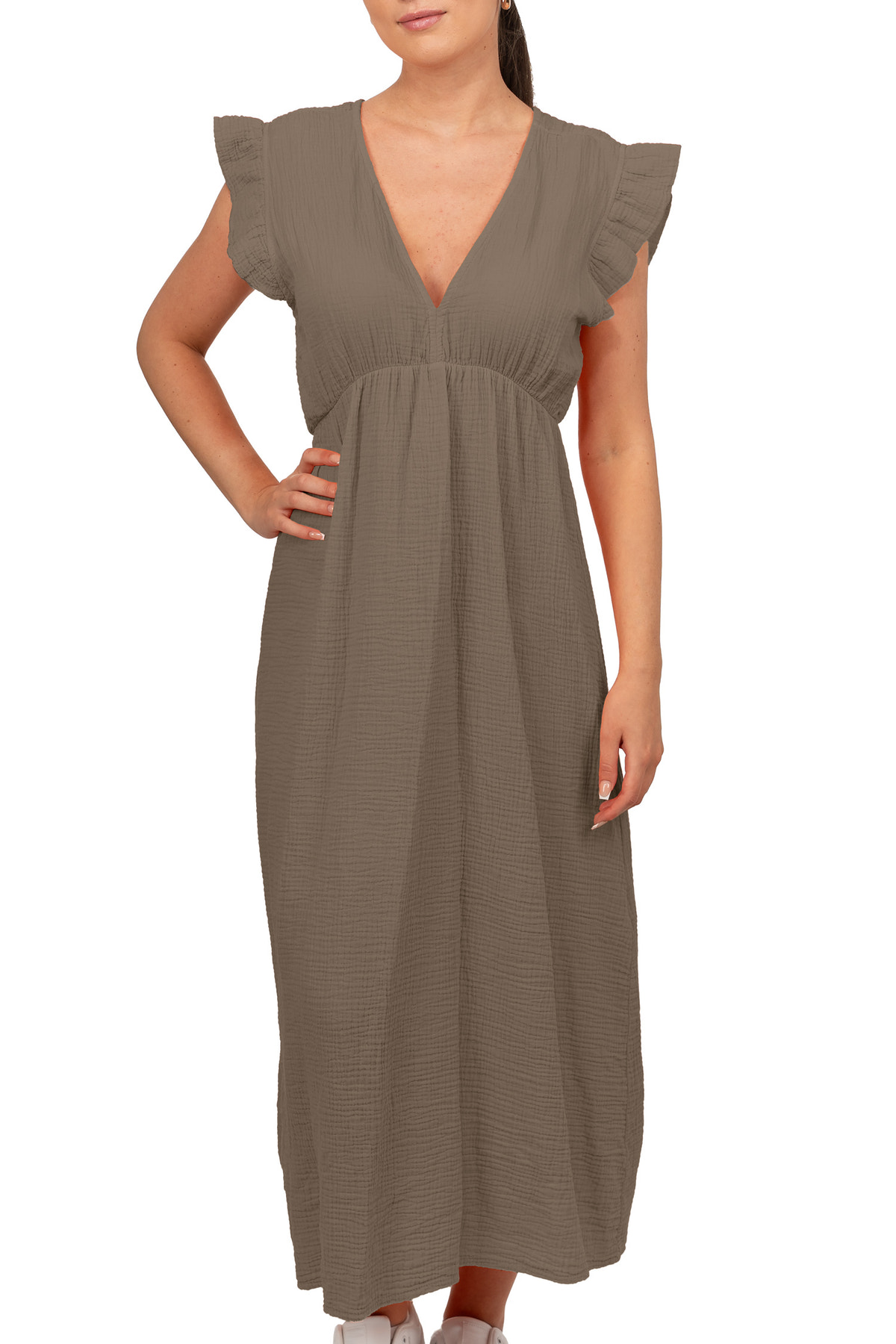 Damen Relaxed Fit Sommerkleid Musselin in Taupe – Reichstadt