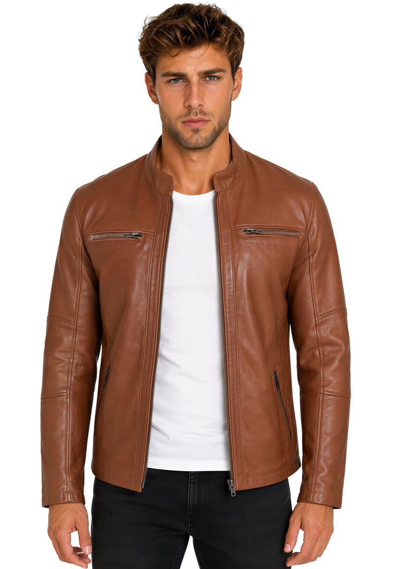 Herren Slim Fit Echtlederjacke Silver Zipper 20RS20LUX - Brown