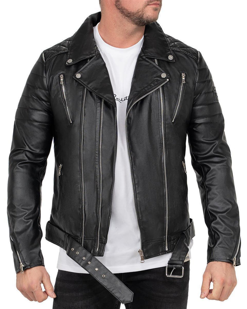 Herren Slim Fit Echtlederjacke Silver Zipper in Black – Reichstadt