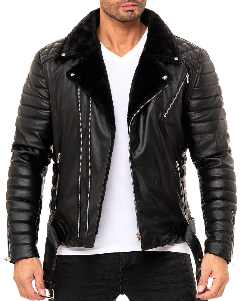 Herren Slim Fit Kunstlederjacke Silver Zipper in Black – Reichstadt