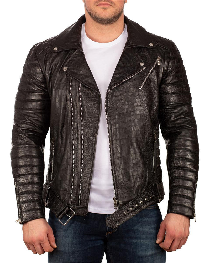 Herren Slim Fit Echtleder Jacke Crocodile Silver Zipper in Black – Reichstadt
