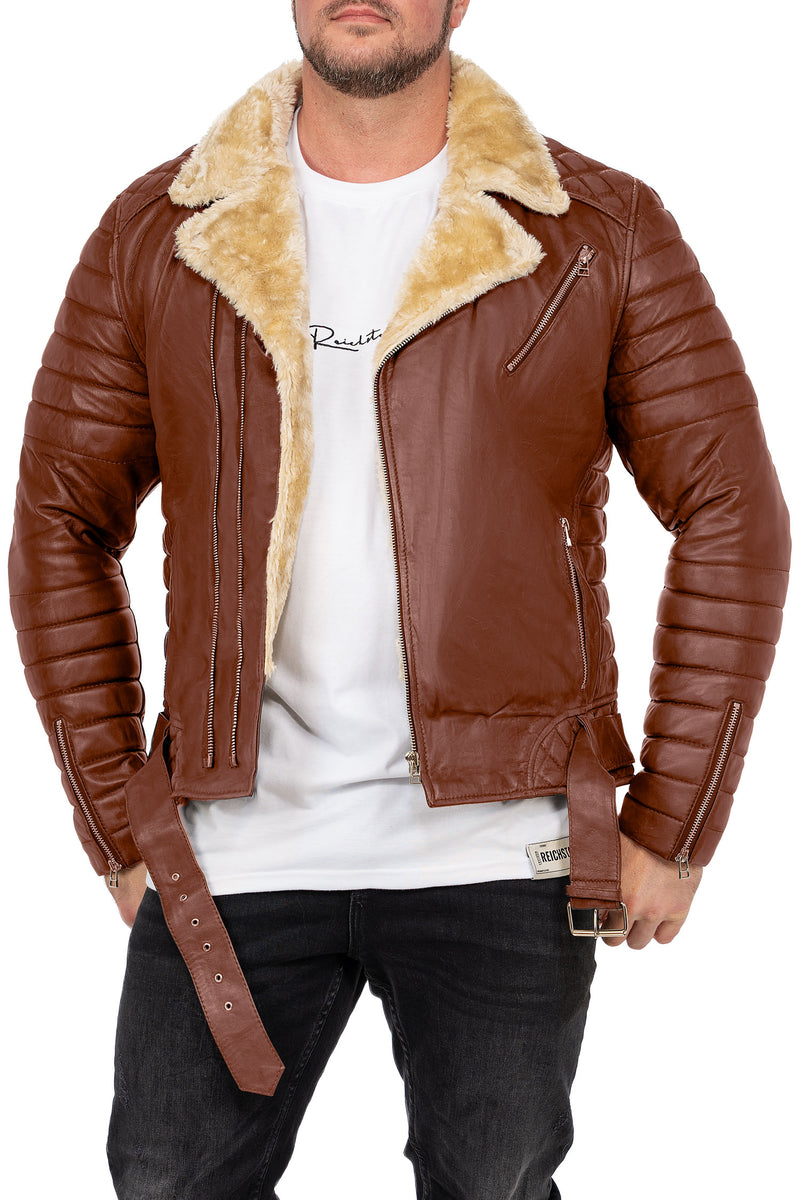 Herren Slim Fit Echtlederjacke Black Zipper RS008LUX - Cognac