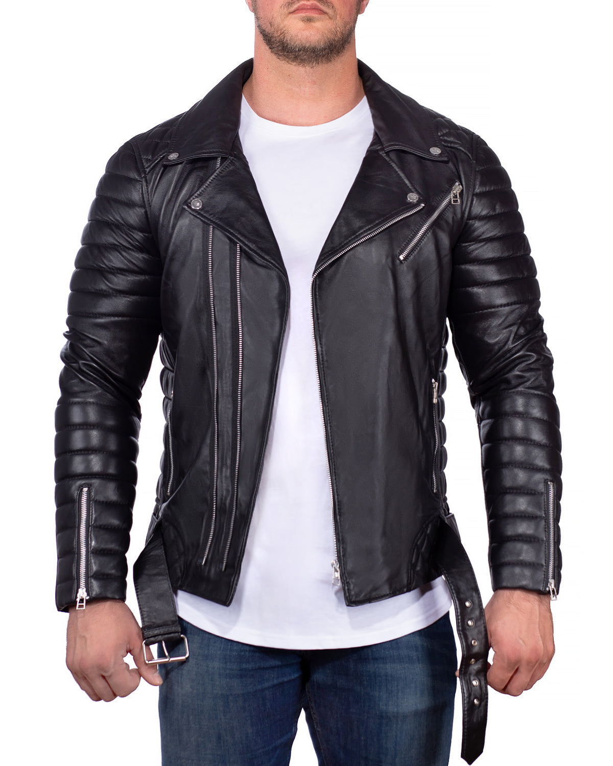 Herren Slim Fit Kunstleder Jacke Silver Zipper PU in Black – Reichstadt