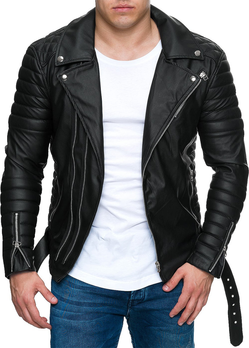 Herren Slim Fit Kunstleder Jacke Silver Zipper in Black PU – Reichstadt