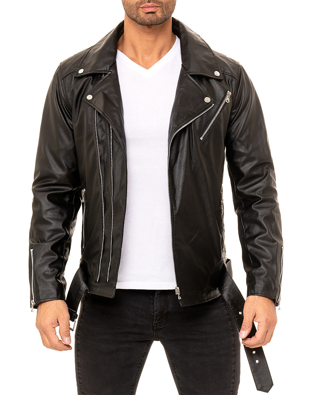 Herren Slim Fit Echtlederjacke Silver Zipper in Black – Reichstadt