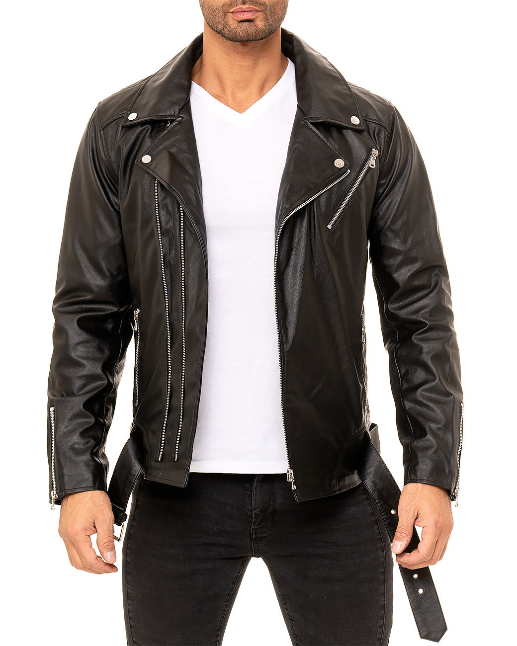 Herren Slim Fit Echtlederjacke Silver Zipper in Black – Reichstadt
