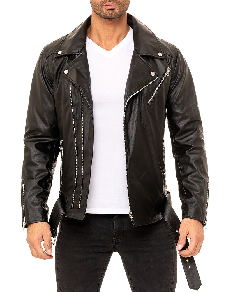 Herren Slim Fit Echtlederjacke Silver Zipper in Black – Reichstadt