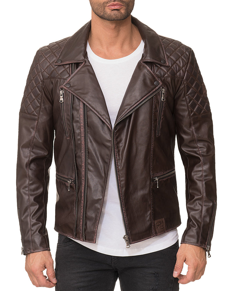 Herren Regular Fit Kunstlederjacke Gunmetal Zipper PU in Dark Brown – Reichstadt