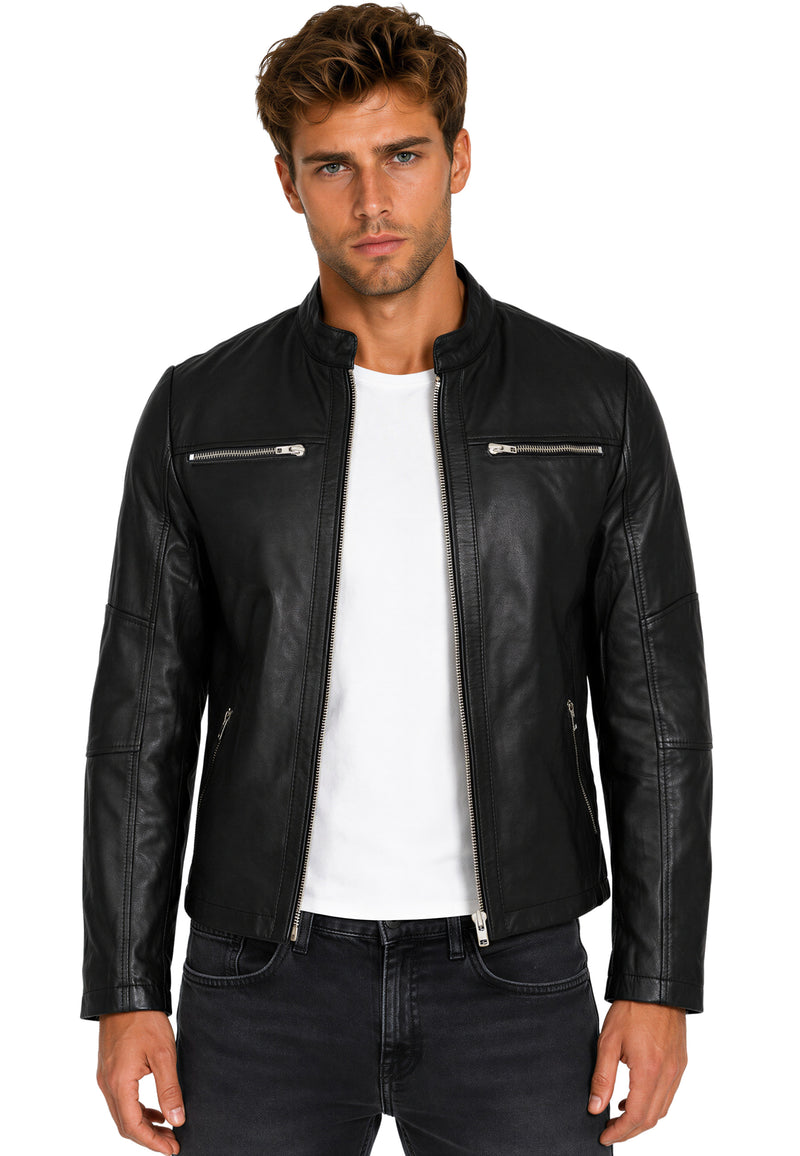Herren Slim Fit Echtlederjacke Silver Zipper 20RS20LUX - Black
