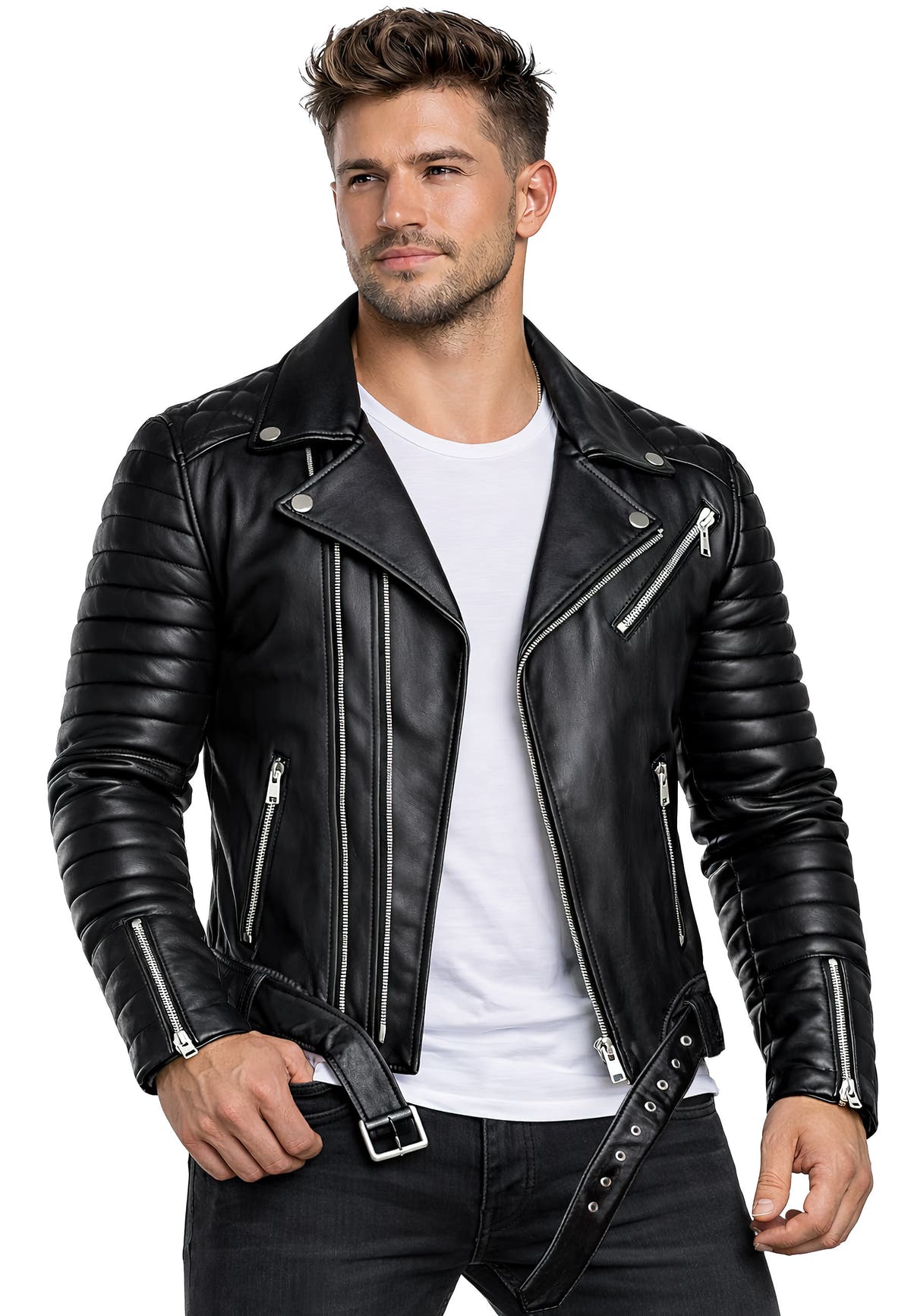 Herren Slim Fit Kunstleder Jacke Silver Zipper PU in Black – Reichstadt