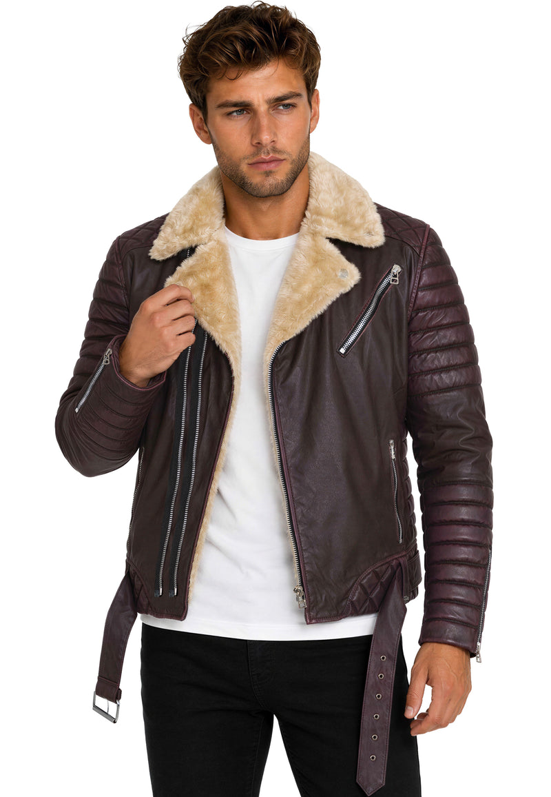 Herren Slim Fit Kunstlederjacke Silver Zipper RS008PU - Brown