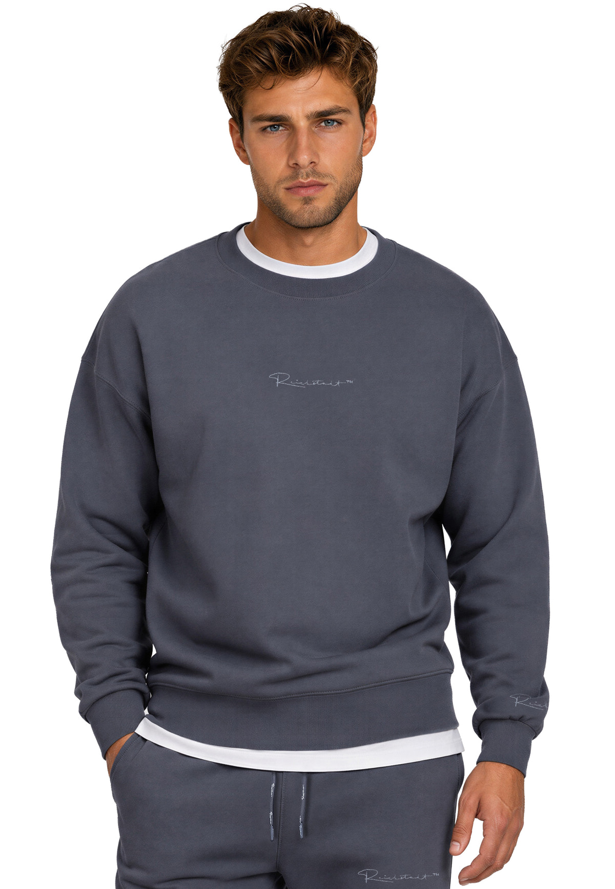Herren Regular Fit Pullover Logo-Stitching in Anthracite – Reichstadt