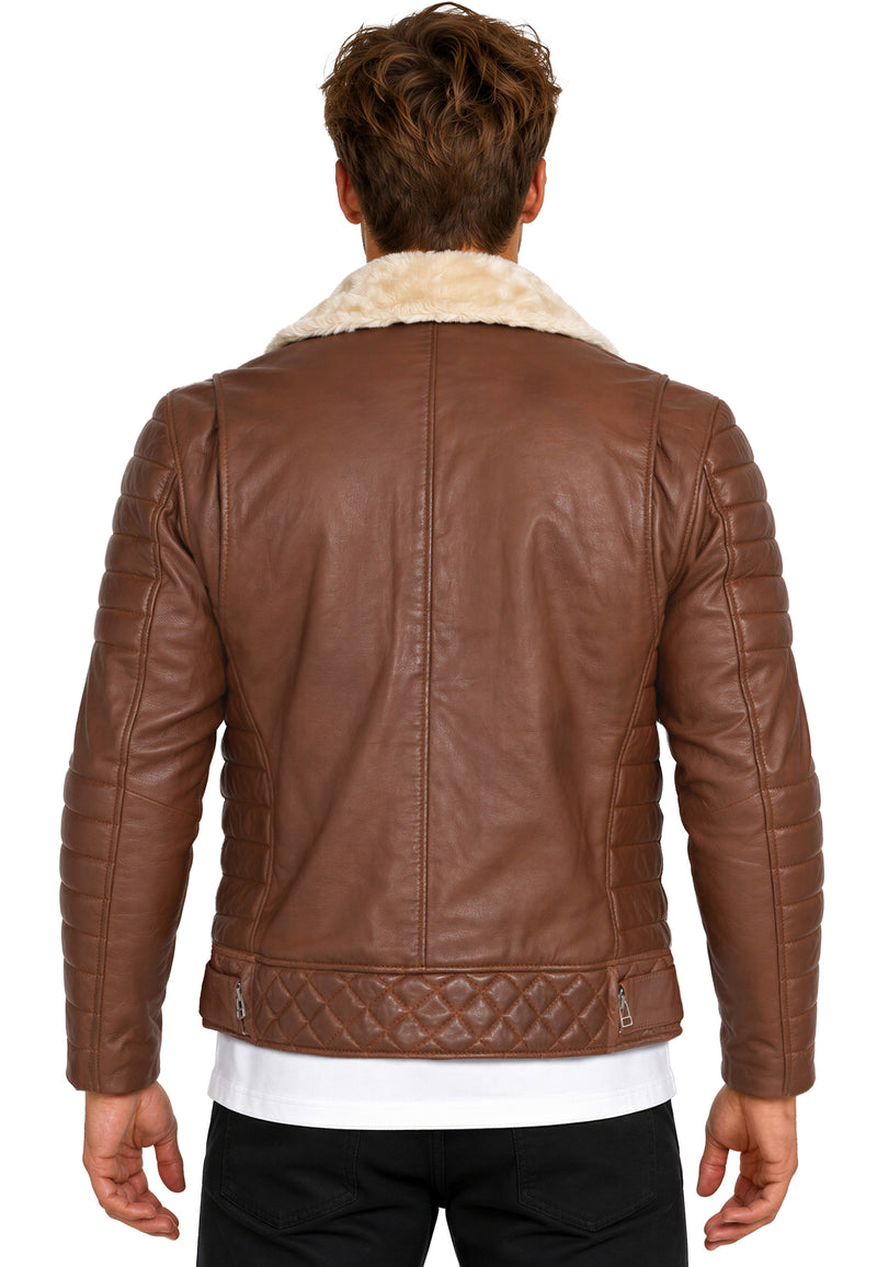 Herren Slim Fit Echtlederjacke Black Zipper RS008LUX - Cognac