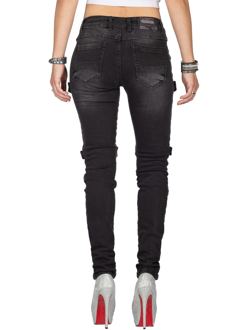 Damen Slim Fit Jeans Stonewashed WD383 - Black