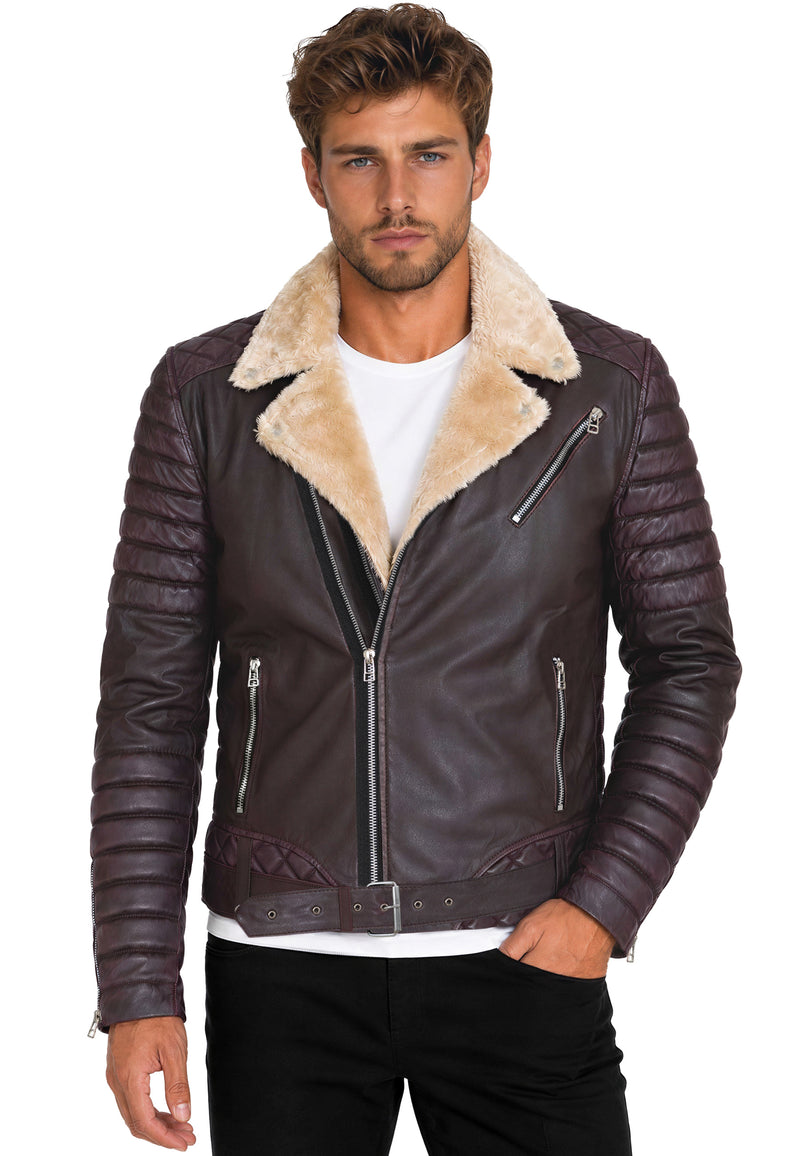 Herren Slim Fit Kunstlederjacke Silver Zipper RS008PU - Brown