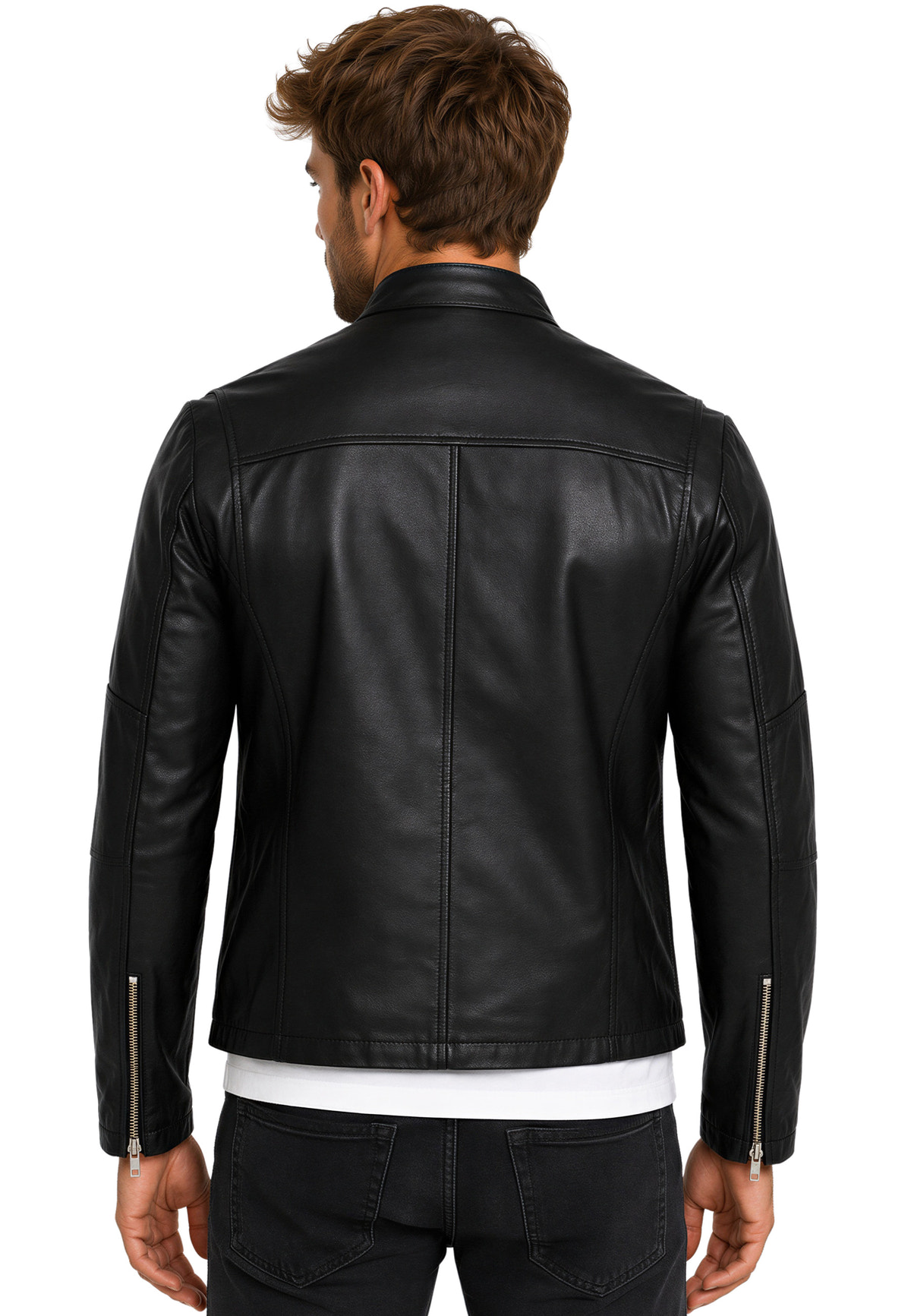 Herren Slim Fit Echtlederjacke Silver Zipper in Black – Reichstadt – Ansicht 2