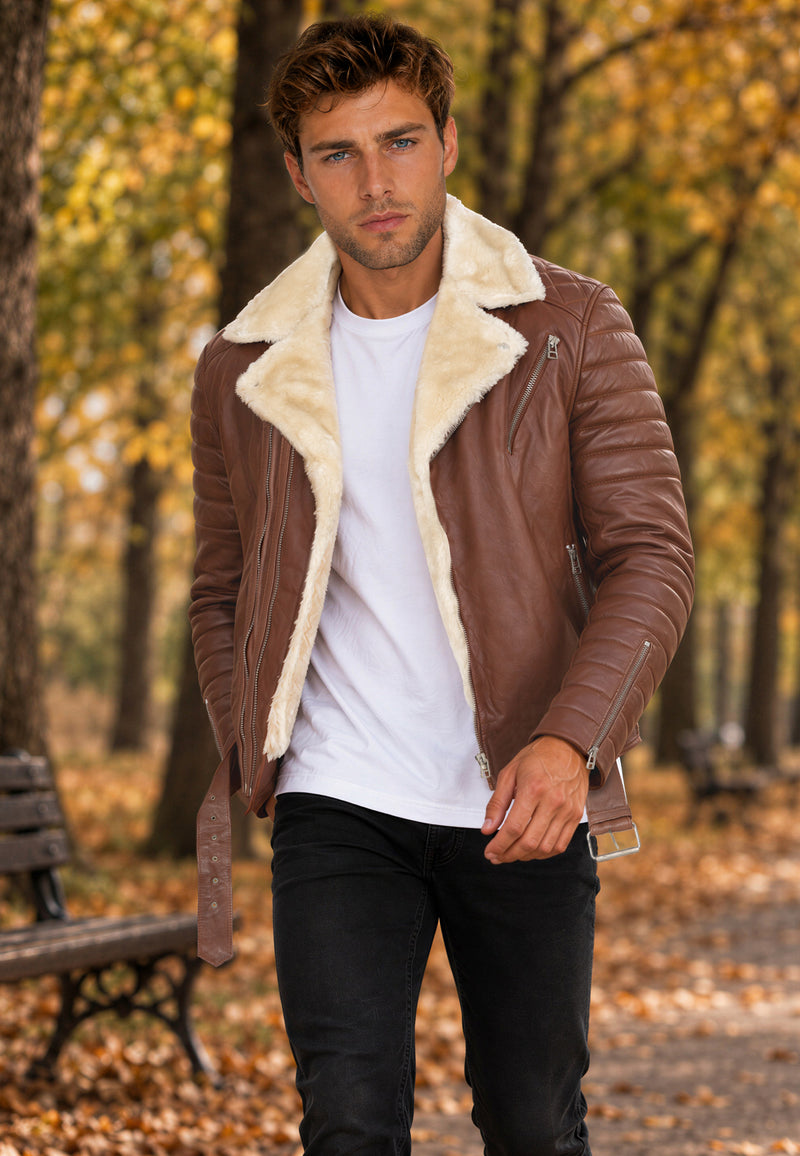 Herren Slim Fit Echtlederjacke Black Zipper RS008LUX - Cognac