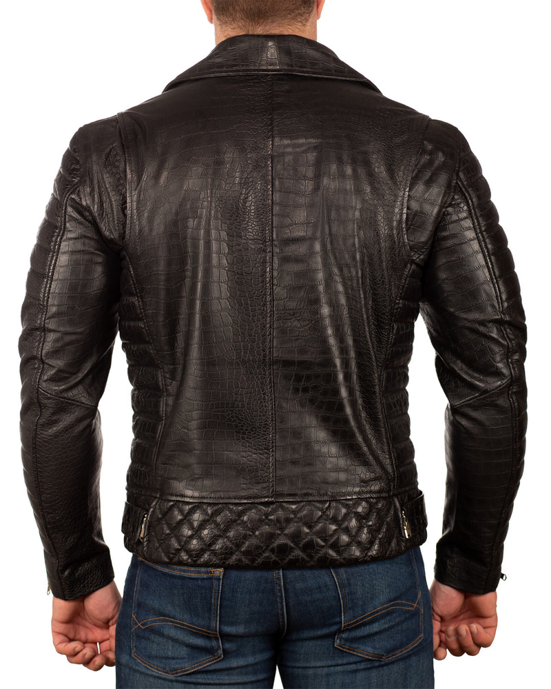 Herren Slim Fit Echtleder Jacke Crocodile Silver Zipper 20RS23LUX - Black