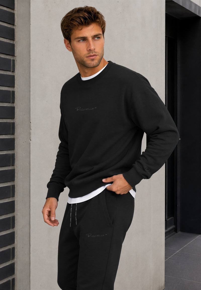Herren Regular Fit Pullover Logo-Stitching 23RS037 - Black