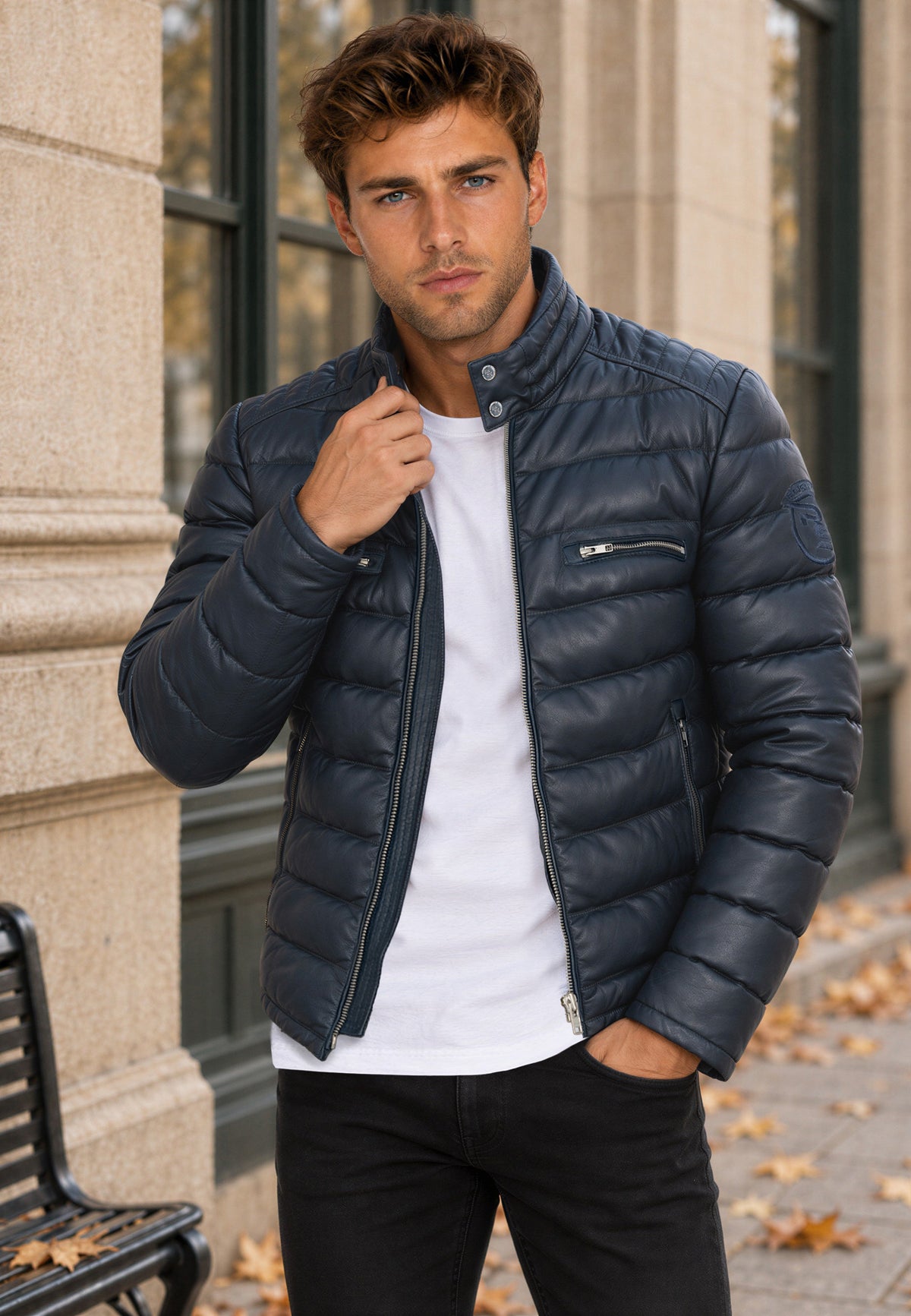 Herren Regular Fit Jacke Echtleder 19RS016 - Navy