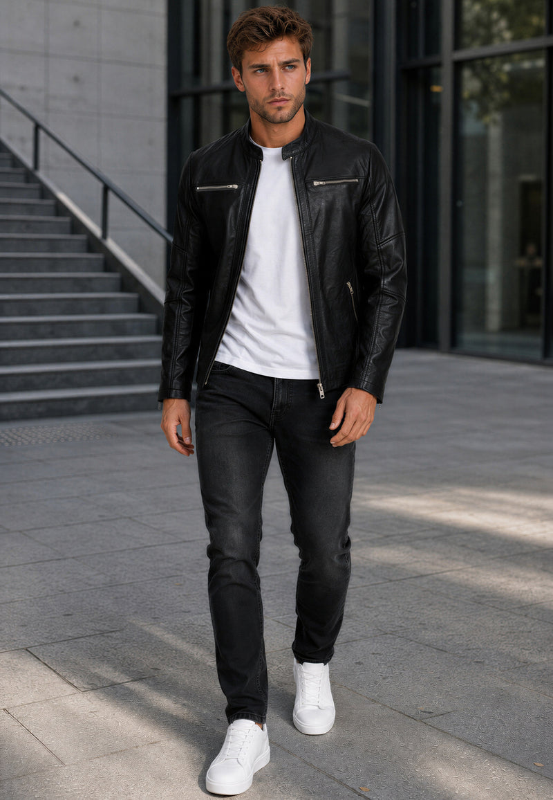 Herren Slim Fit Echtlederjacke Silver Zipper 20RS20LUX - Black