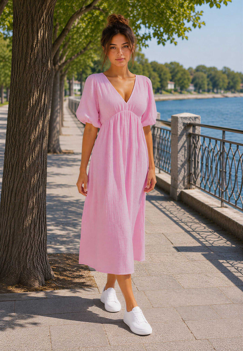 Damen Relaxed Fit Sommerkleid Musselin 25RSW077 - Pink
