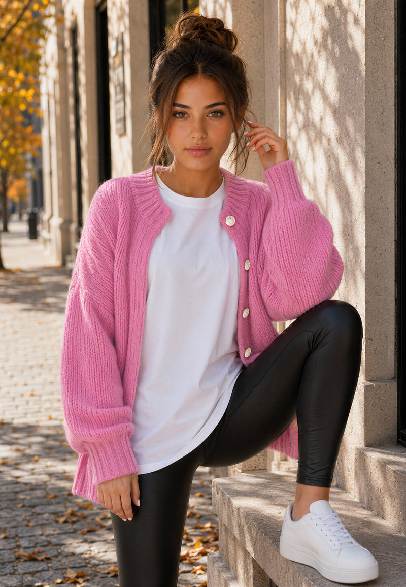 Damen Relaxed Fit Strickjacke 25RSW094 - Pink