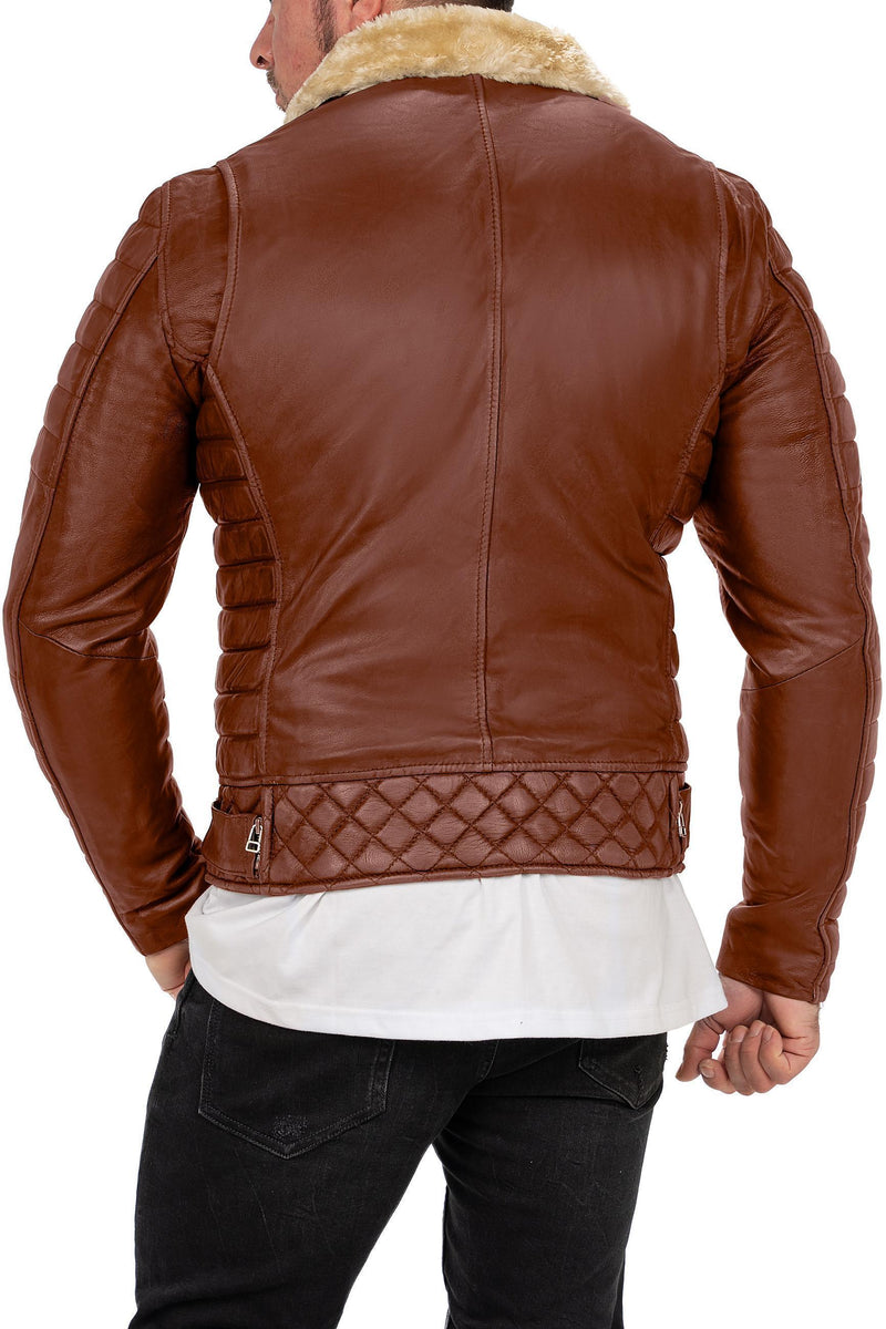 Herren Slim Fit Echtlederjacke Black Zipper RS008LUX - Cognac