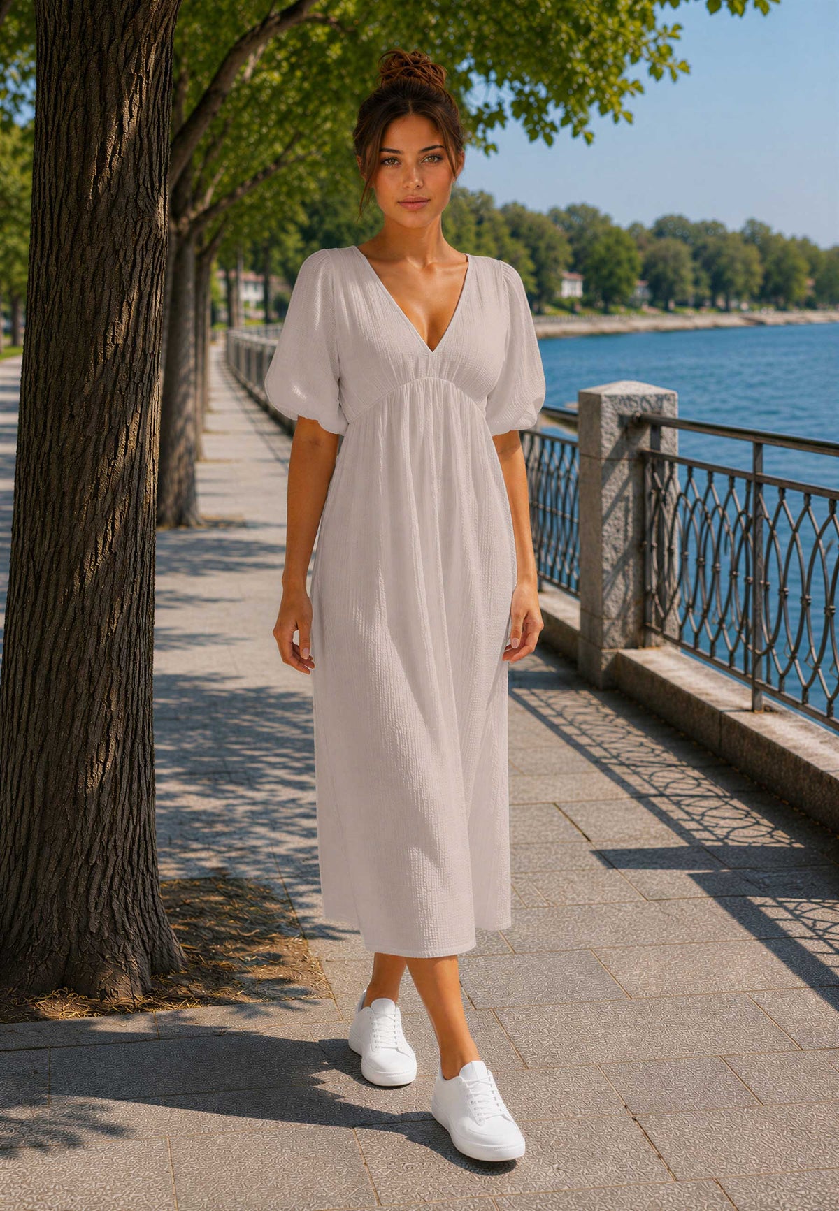 Damen Relaxed Fit Sommerkleid Musselin in Beige – Reichstadt – Ansicht 3