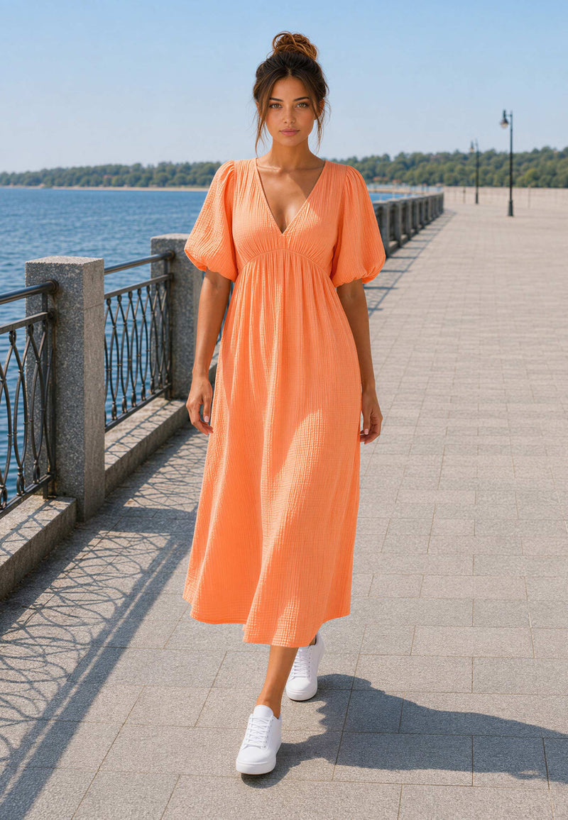 Damen Relaxed Fit Sommerkleid Musselin 25RSW077 - Orange