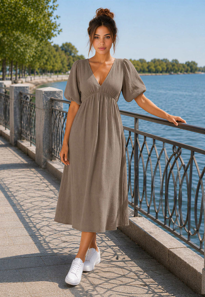 Damen Relaxed Fit Sommerkleid Musselin 25RSW077 - Taupe