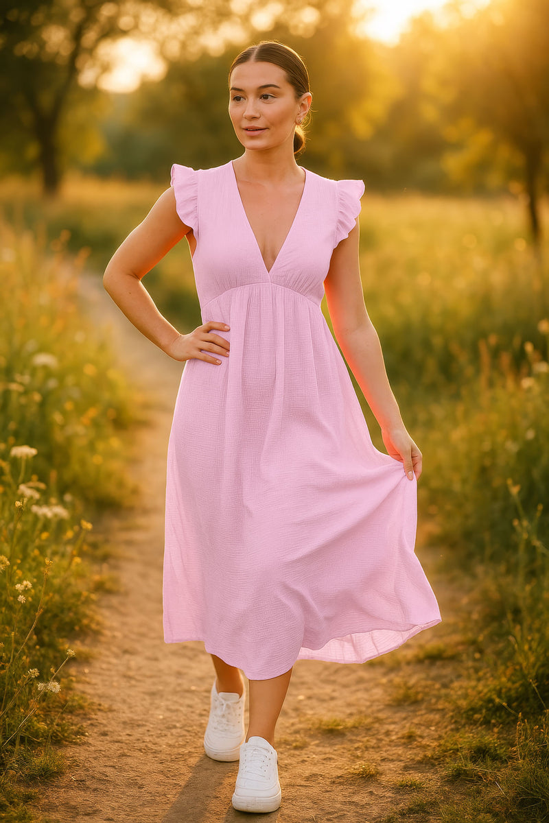 Damen Relaxed Fit Sommerkleid Musselin 25RSW076 - Pink