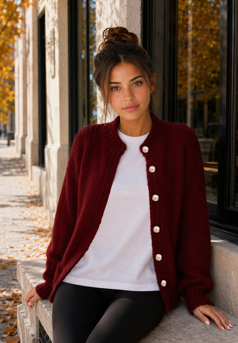 Damen Relaxed Fit Strickjacke 25RSW094 - Bordeaux