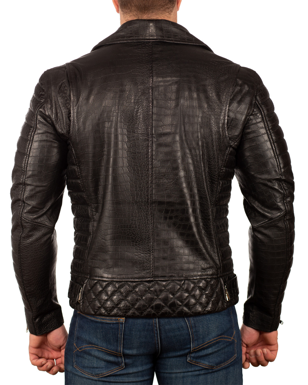 Herren Slim Fit Echtleder Jacke Crocodile Silver Zipper in Black – Reichstadt – Ansicht 3