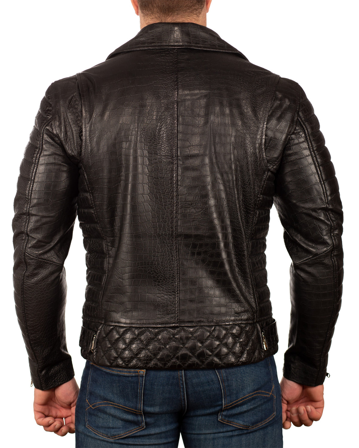 Herren Slim Fit Echtleder Jacke Crocodile Silver Zipper in Black – Reichstadt – Ansicht 3